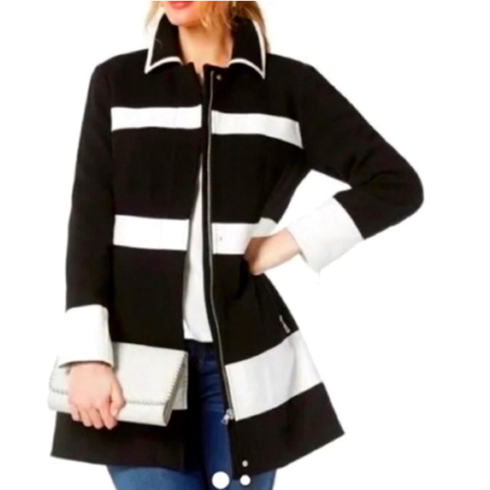 INC International Concepts Black with White Faux Leather Stripes Peacoat Size XL